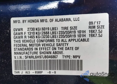 2018 Honda Odyssey Elite from USA, damaged, VIN 5FNRL6H97JB046867